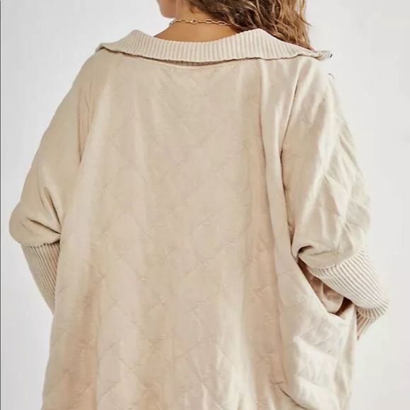 Free People Shiloh Quilted Sweatshirt Pullover Zip Swing Hi Lo Sand Tan - Picture 2 of 5